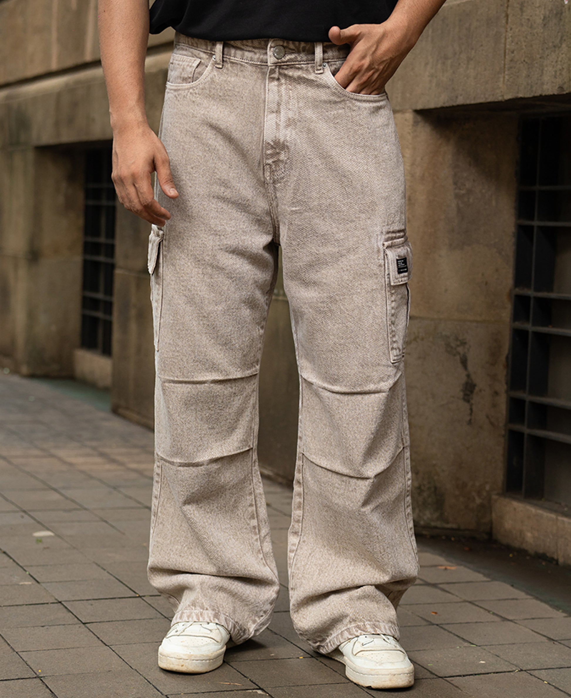 Beige Washed Cargo Jeans