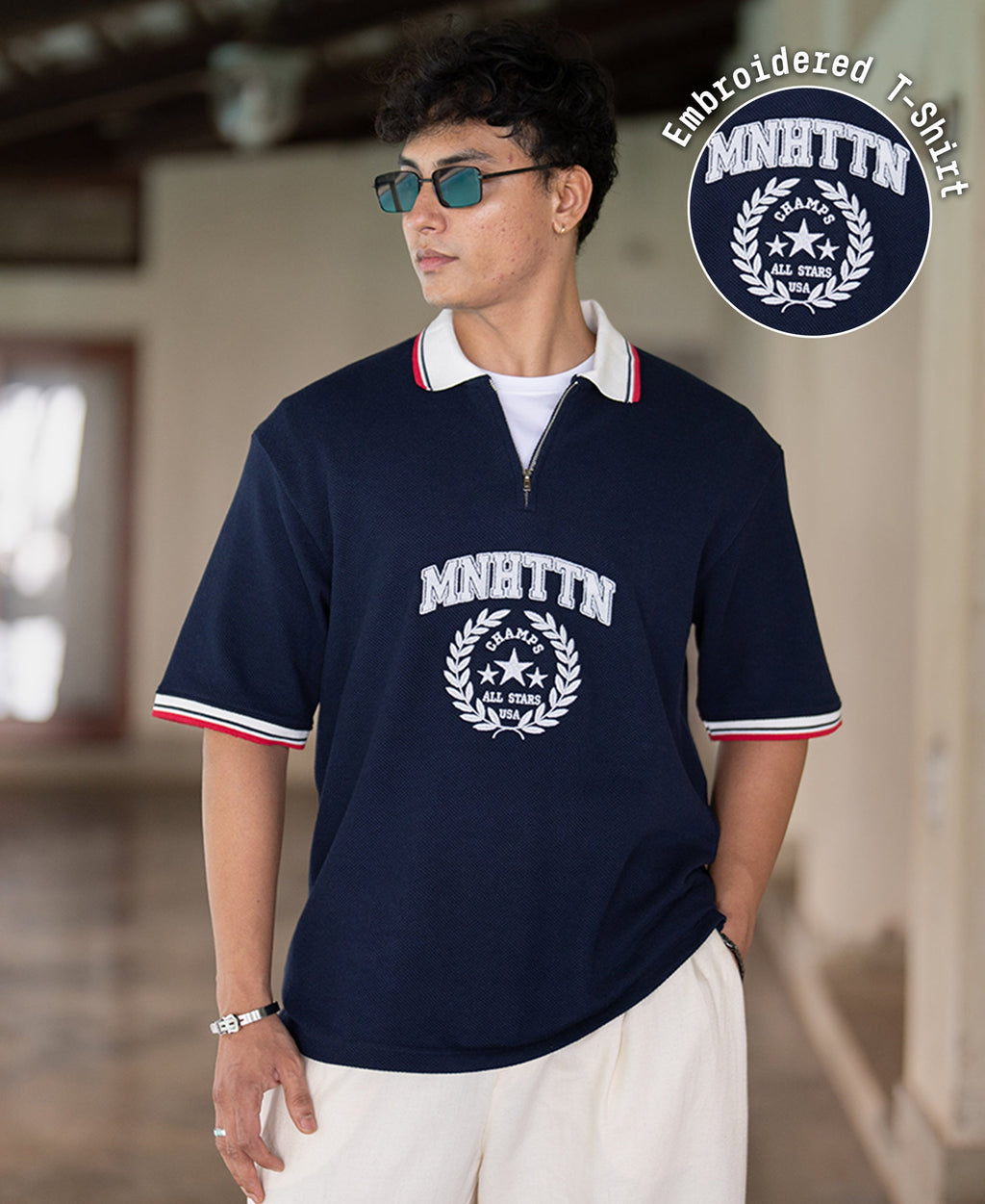 Navy Structured Embroidery T-Shirt