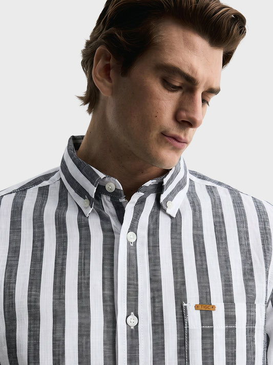 Men's Grey & White Slim Fit Striped Casual Shirt