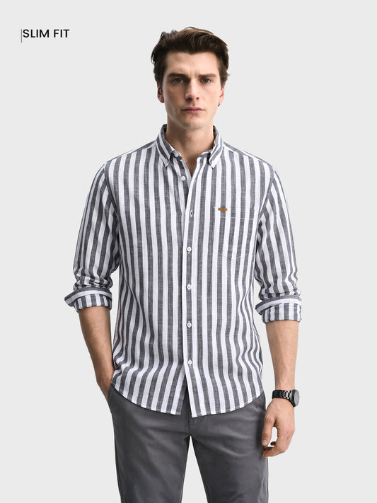 Men's Grey & White Slim Fit Striped Casual Shirt