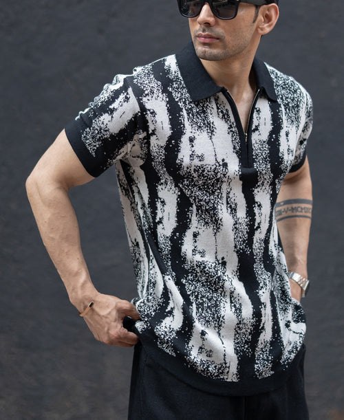 Black White Jacquard Knit T-Shirt 100% Cotton