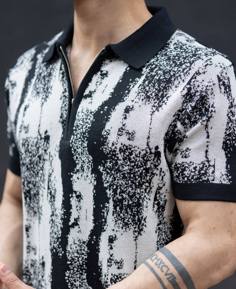 Black White Jacquard Knit T-Shirt 100% Cotton