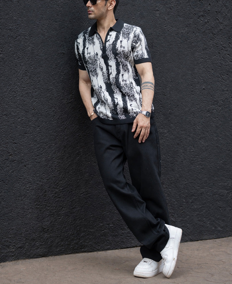 Black White Jacquard Knit T-Shirt 100% Cotton
