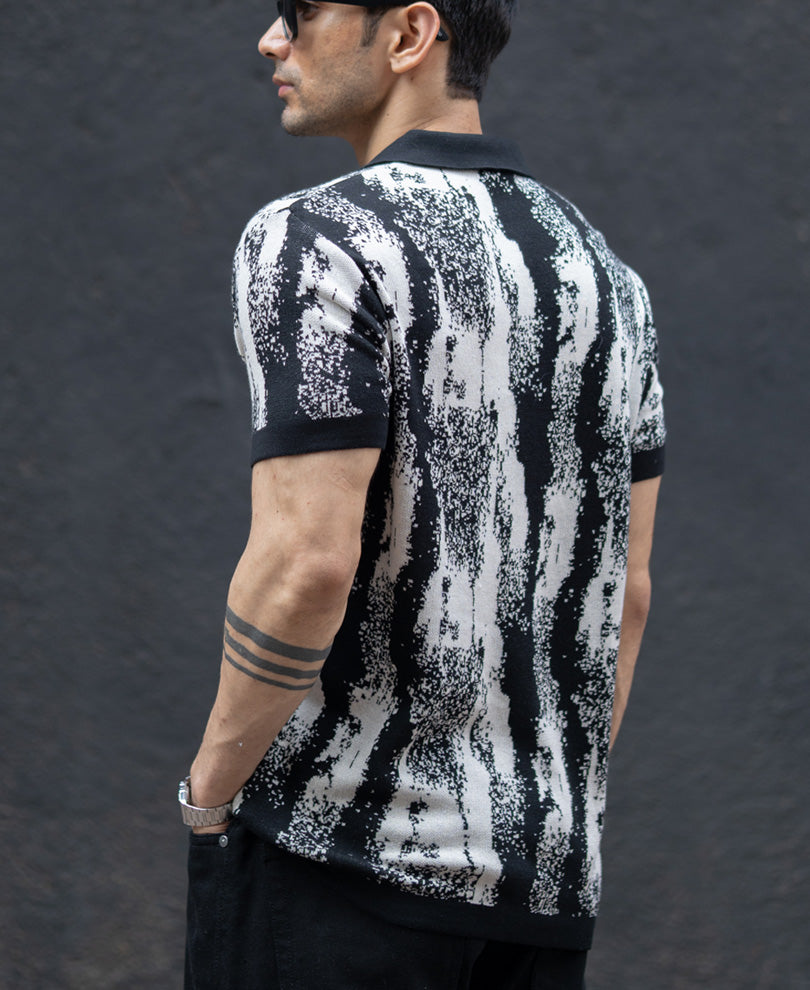Black White Jacquard Knit T-Shirt 100% Cotton