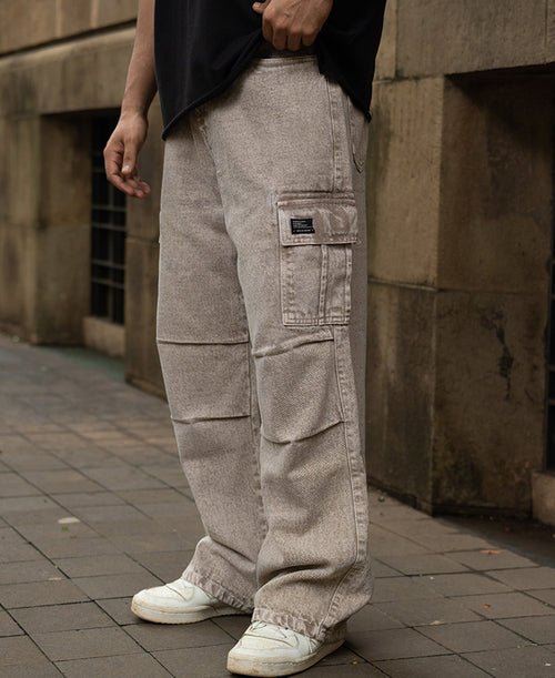 Beige Washed Cargo Jeans