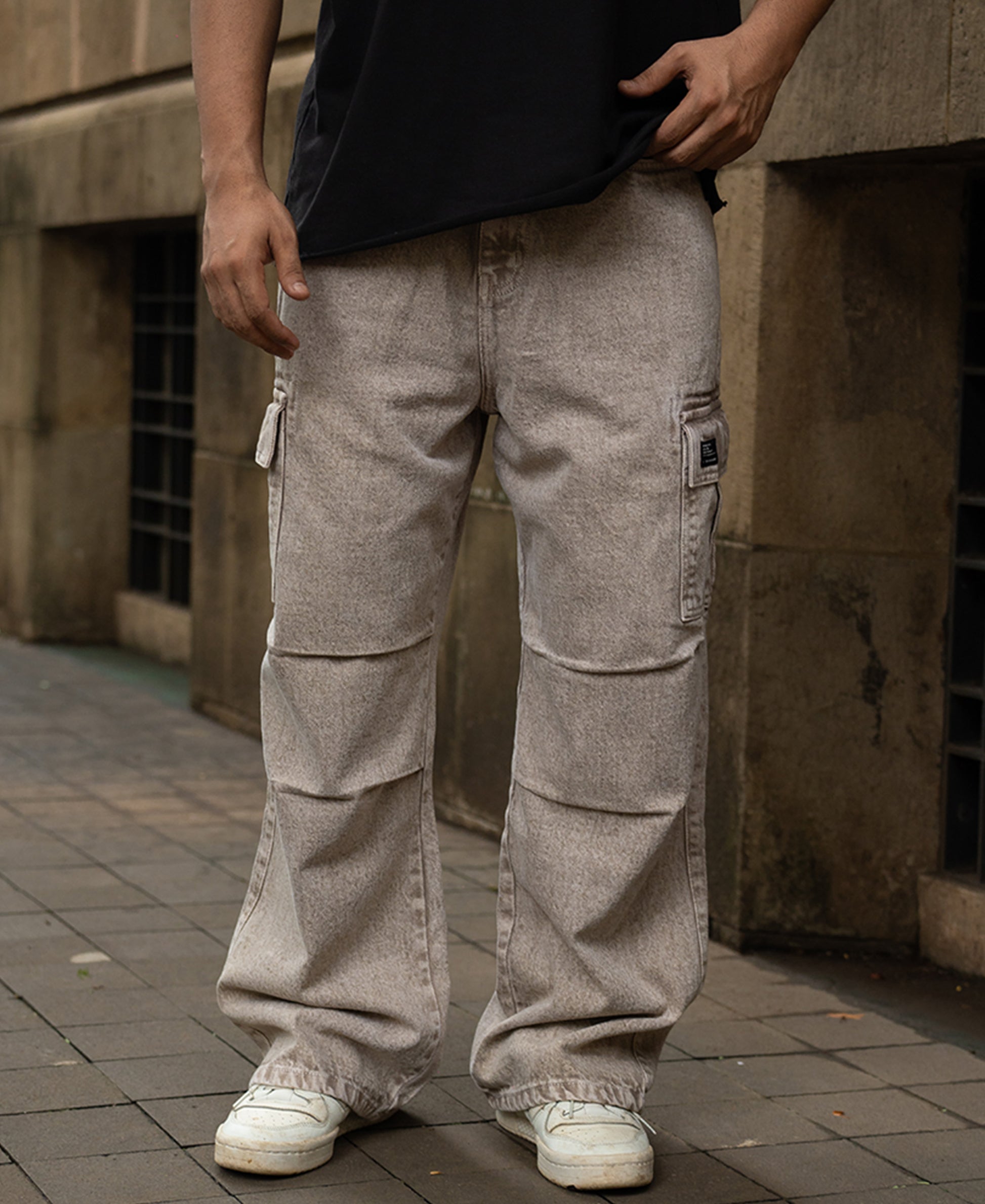 Beige Washed Cargo Jeans
