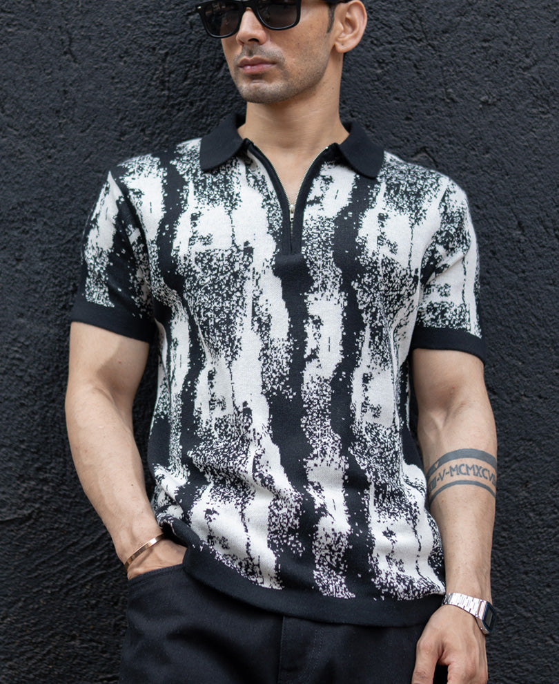 Black White Jacquard Knit T-Shirt 100% Cotton