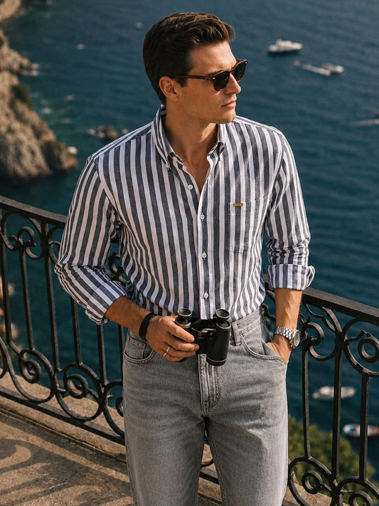 Men's Grey & White Slim Fit Striped Casual Shirt